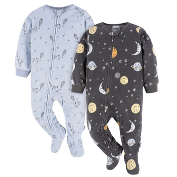 Gerber Baby Boy'S Toddler Loose Fit Flame Resistant Fleece Footed Pajamas 2-Pack, Space, 2T