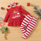 Ptomurs Newborn Baby Girls My 1St Christmas Outfits Santa Print Ruffle Sleeve Dress Shirt Tops + Stripe Pants +Headbands Set(Red