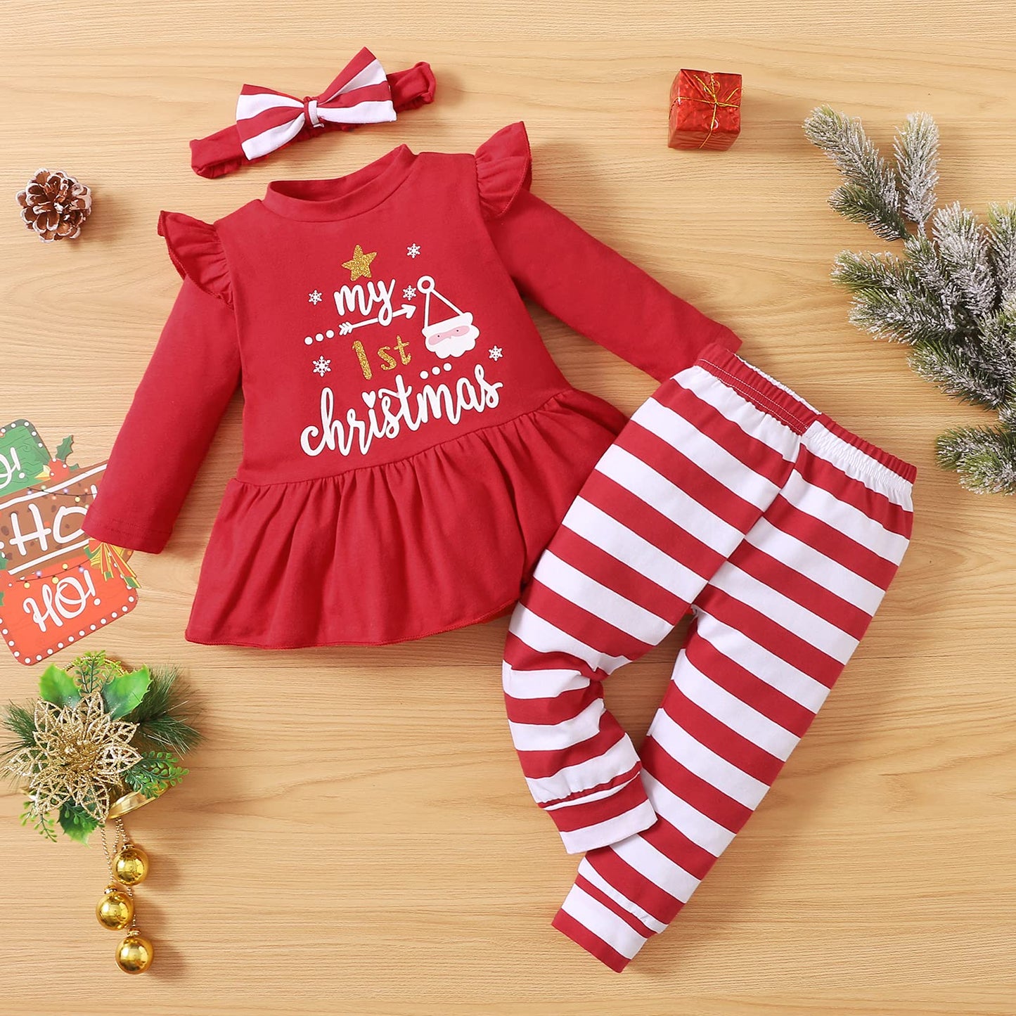 Ptomurs Newborn Baby Girls My 1St Christmas Outfits Santa Print Ruffle Sleeve Dress Shirt Tops + Stripe Pants +Headbands Set(Red