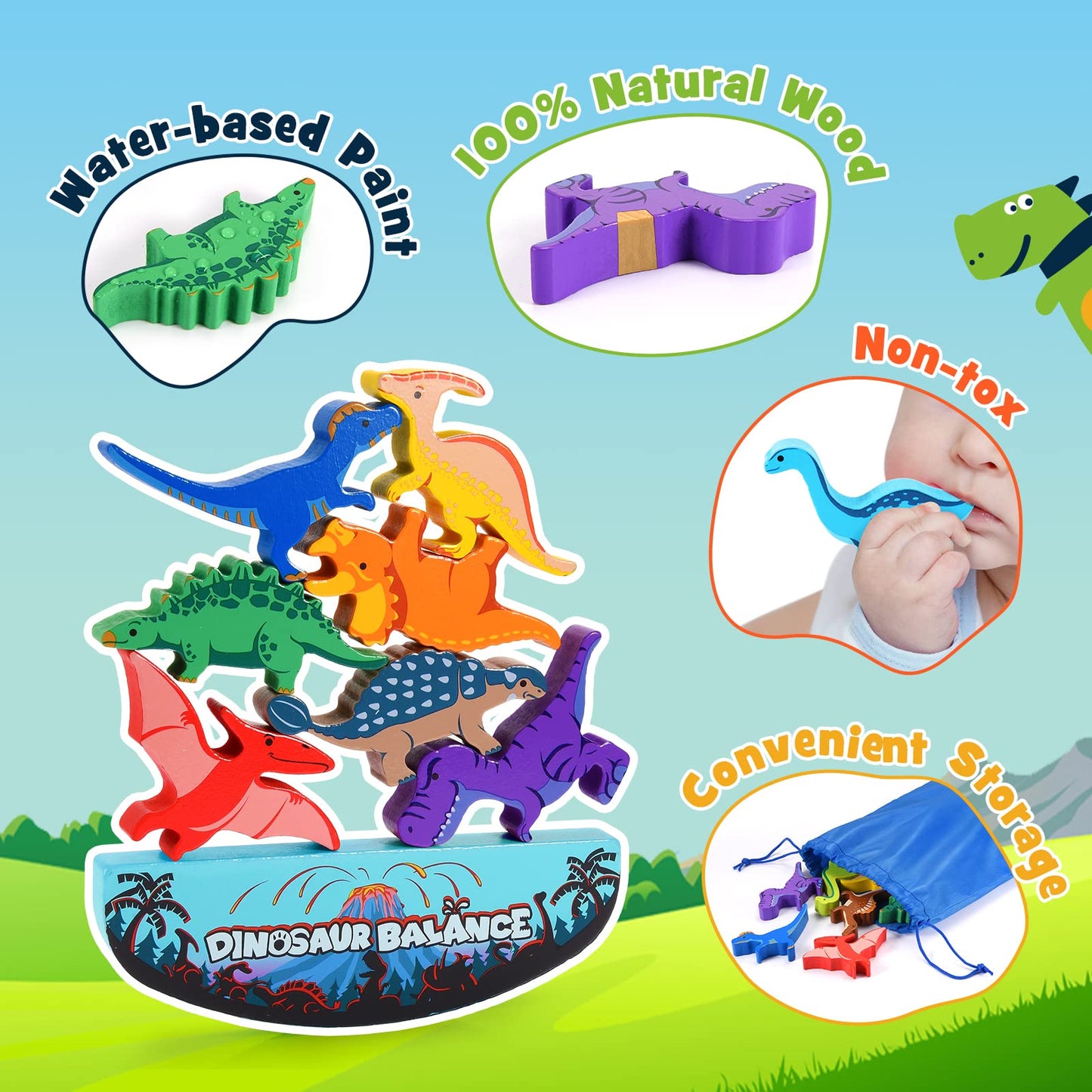 IPOURUP Dinosaur Toys for Kids 3-5: Wooden Stacking Montessori Toys for 3 4 5 6 7 8 Year Old Boys Girls Balance Competition Game