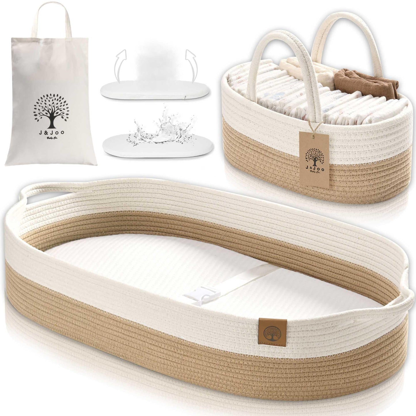 J&JOO Baby Changing Basket includes Diaper Caddy - Breathable & Waterproof Dual-Cover, Portable, Changing Pad for Dresser & Chan