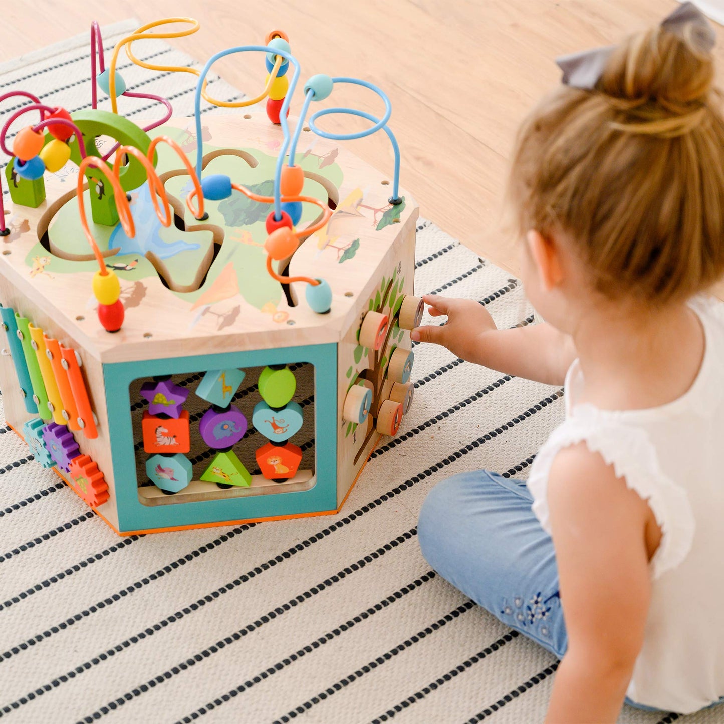 Teamson Kids Preschool Play Lab 7-in-1 Large Wooden Activity Cube Station Center Bead Maze and Counting for Kids Baby Toys, Natu