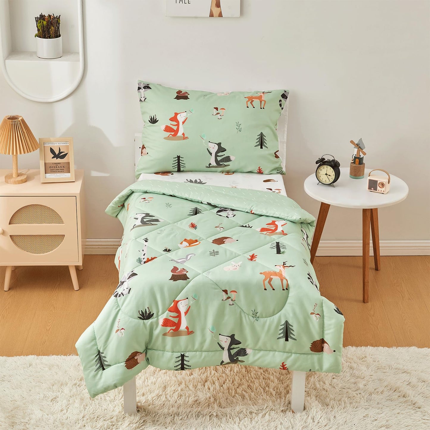 Beeweed 4 Pieces Woodland Animal Toddler Bedding Set Boys Girls, 2 Sides Design Fox Bed In A Bag Comforter Set, Includes 1 Comfo