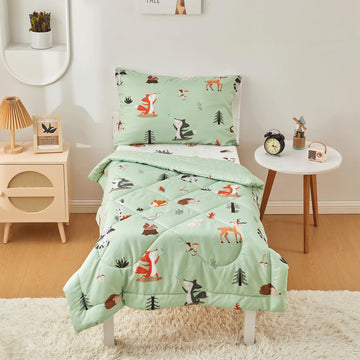 Beeweed 4 Pieces Woodland Animal Toddler Bedding Set Boys Girls, 2 Sides Design Fox Bed In A Bag Comforter Set, Includes 1 Comfo