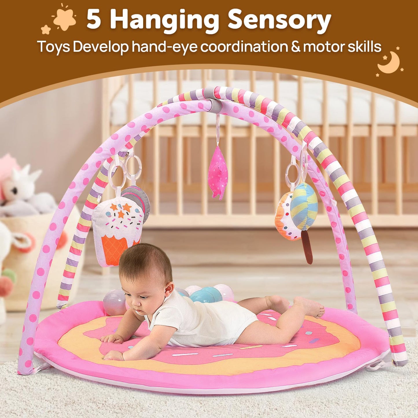 4-In-1 Baby Play Mat & Baby Play Gym,Baby Girl Play Mat Activity Gym, Pink Donut Tummy Time Mat For Babies And Toddlers, Infant