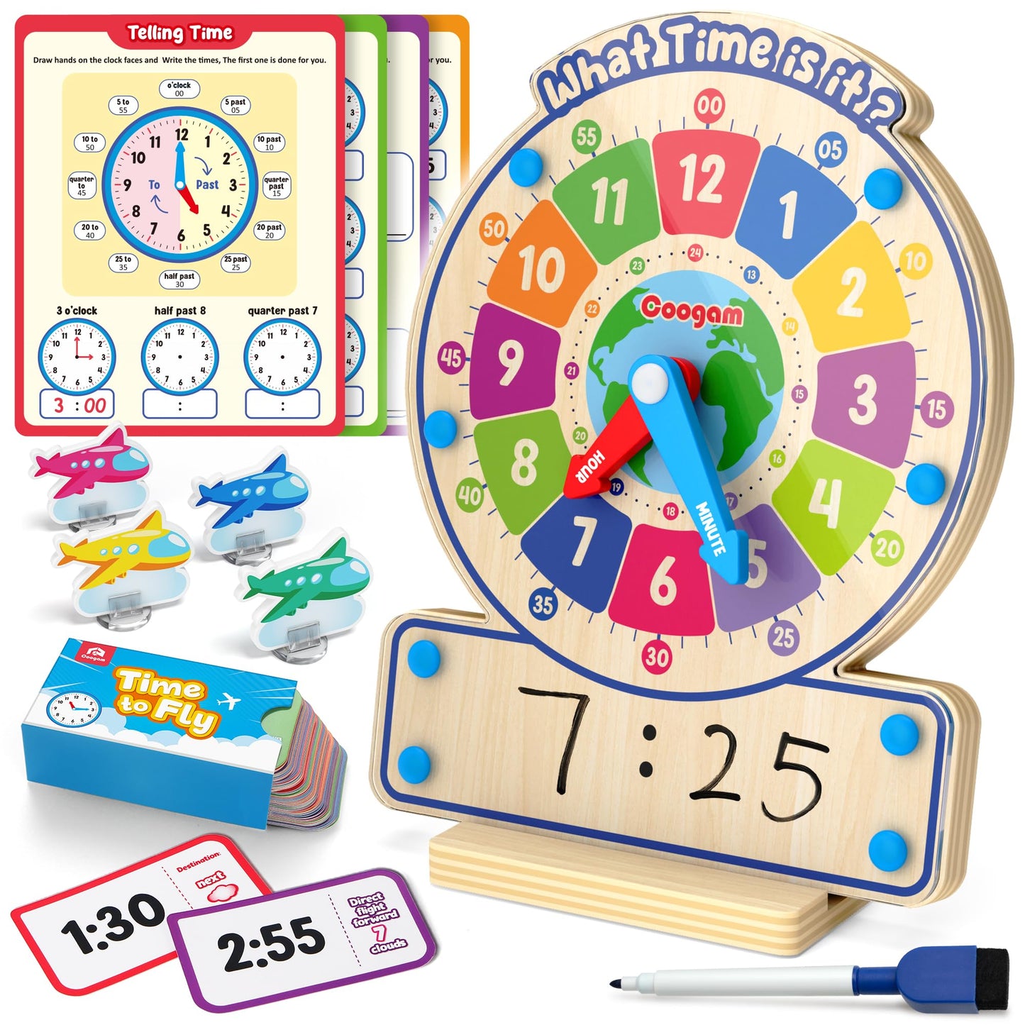 Coogam Wooden Clock Teaching Time Toy, Analog Digital Clock with Fly-Telling Time Board Game, Montessori Time Learning Education