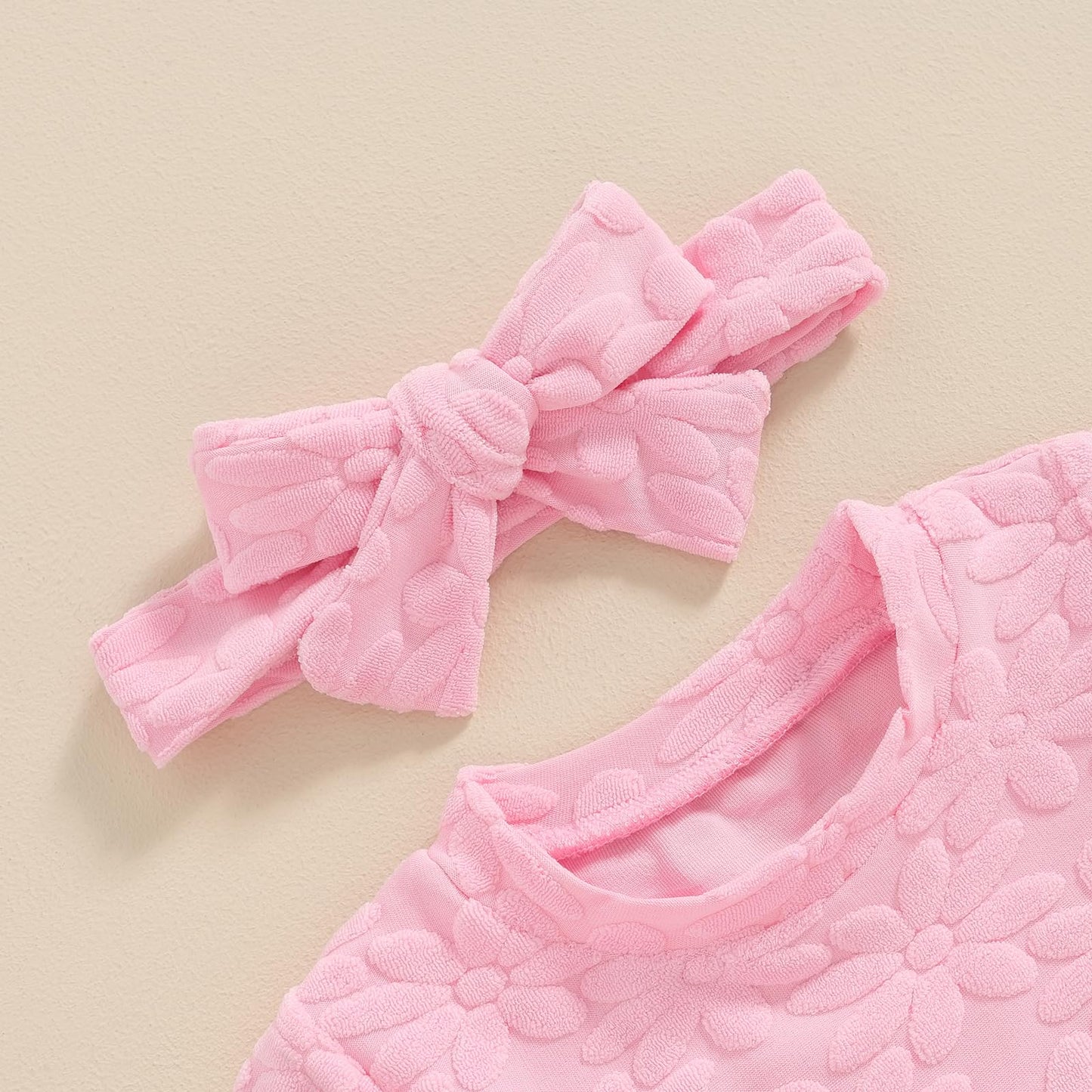 Toddler Baby Girls Daisy Chenille Patch Outfit Short Sleeve T-Shirt Shorts Headband 3Pcs Summer Clothes Set (Pink, 12-18 Months)