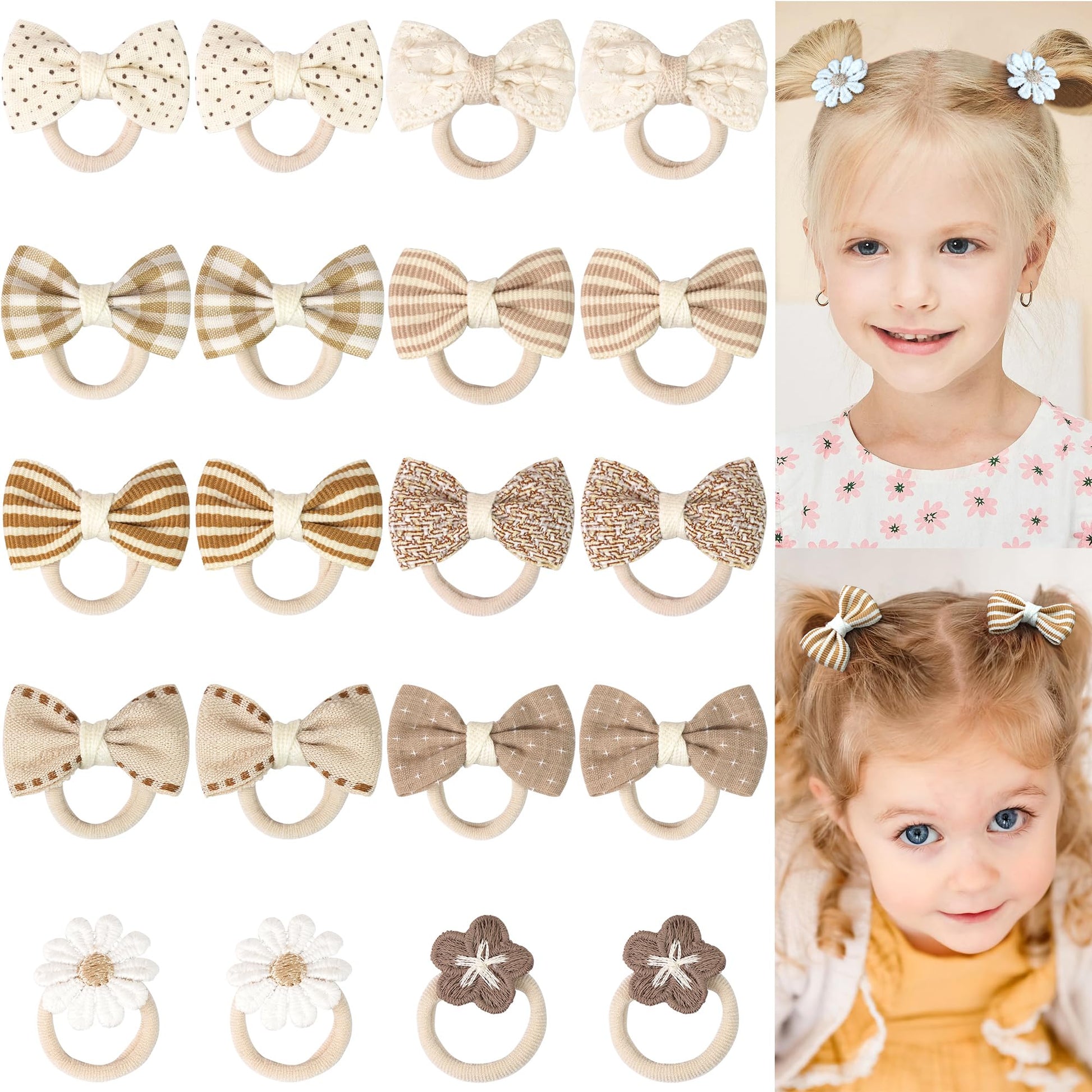 20Pcs Kahki Boutique Baby Girl Hair Ties With Flowers Bow, Hair Bow Ties For Toddler Girls, Elastics Ponytail Holders Pigtails R