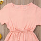 Mubineo Toddler Baby Girl Summer Fall Basic Plain Short Sleeve Cotton Linen Drawstring Romper Jumpsuit (Peach Pink, 4-5T)