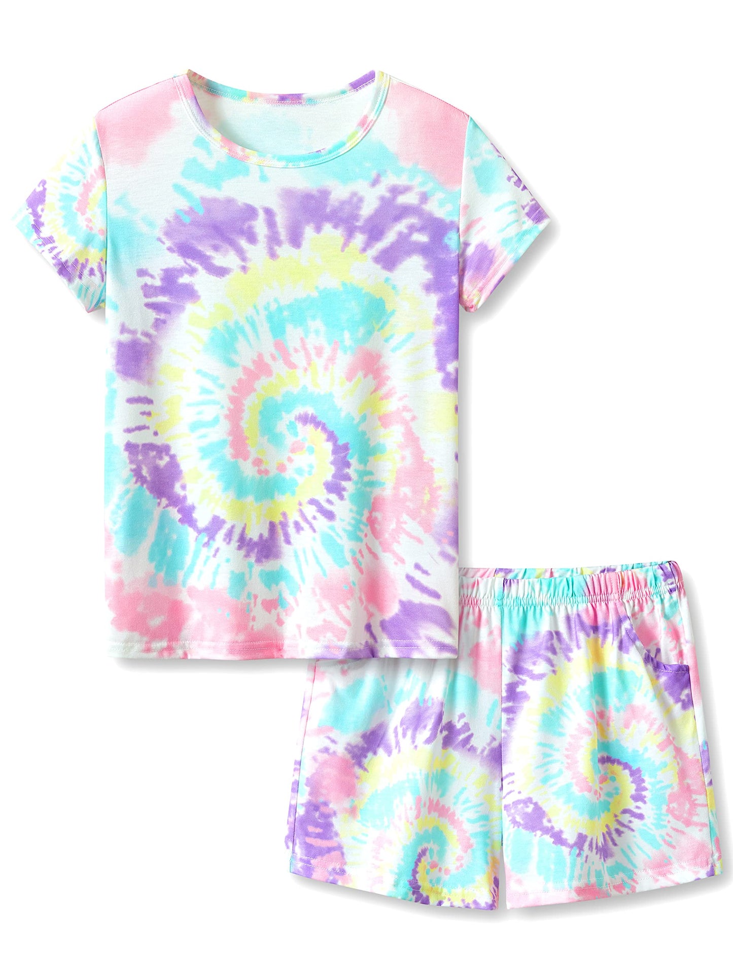 Tebbis Tween Girls Clothes Trendy Tie Dye Spiral Pajamas 2Piece Shirt & Shorts PJ Set Jammies Size 618, Pink & Purple Swirl (S