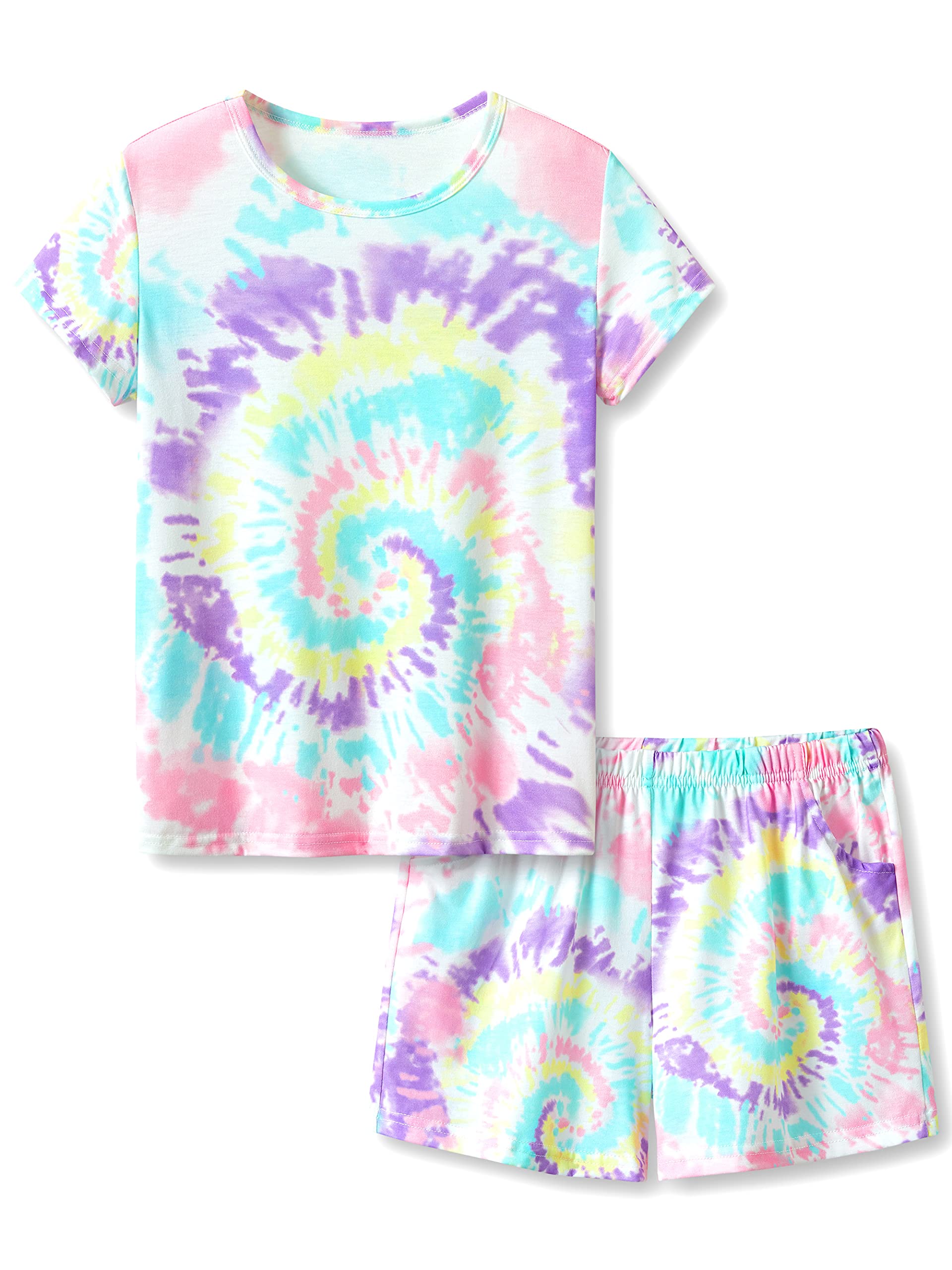 Tebbis Tween Girls Clothes Trendy Tie Dye Spiral Pajamas 2Piece Shirt & Shorts PJ Set Jammies Size 618, Pink & Purple Swirl (S