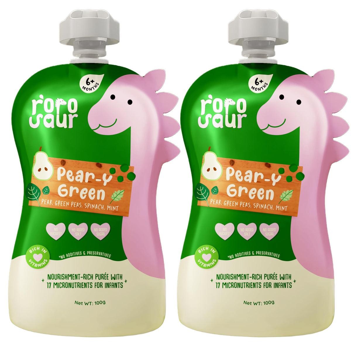 Rorosaur Ready To Eat Fruit & Veggie Baby Food Puree Pouch For 6+ Months Baby 100G Each, Pk Of 2 | Made With Spinach, Pear & Pea