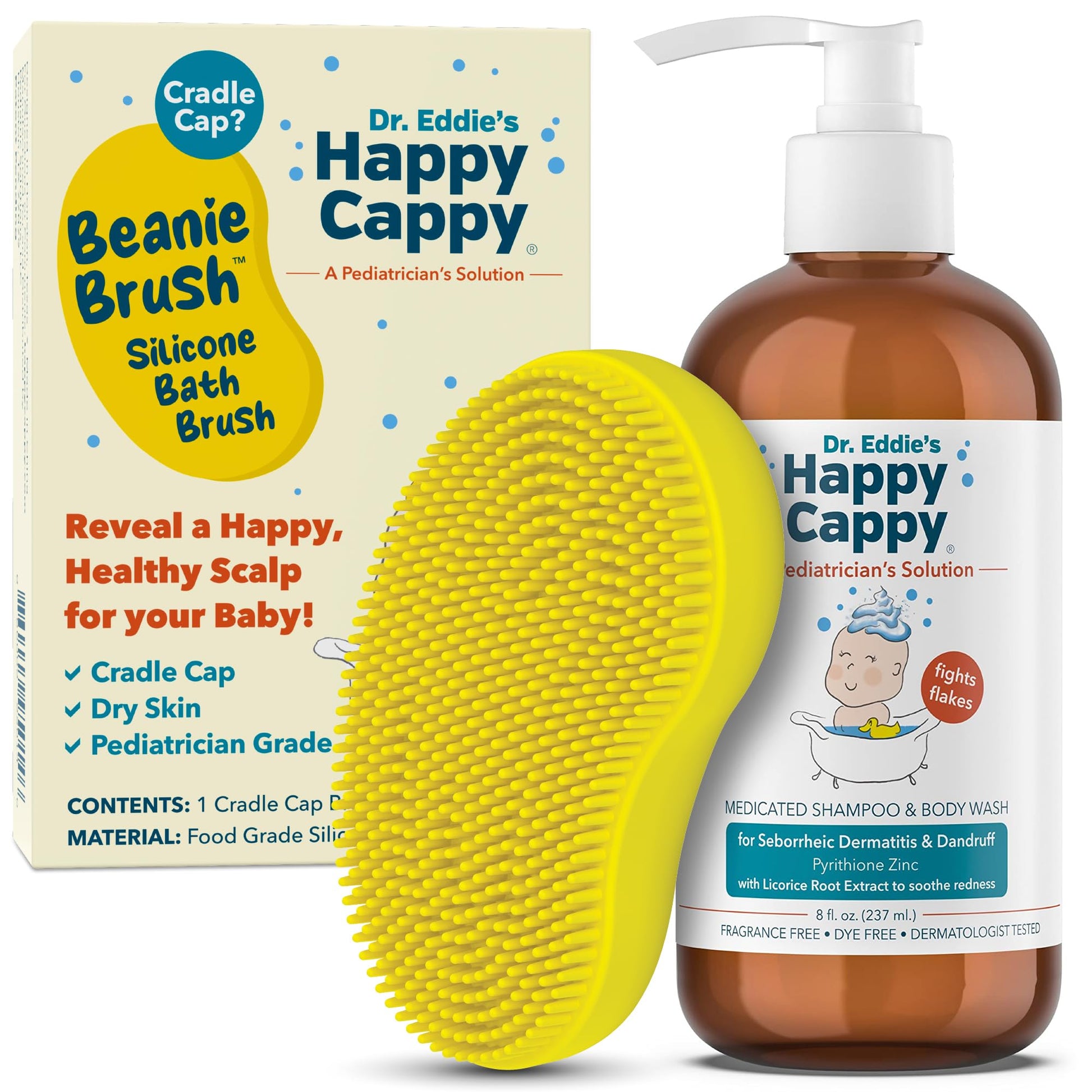 Happy Cappy Medicated Shampoo And Body Wash And Beanie Brush Bundle - Baby Dandruff Shampoo, Helps Cradle Cap And Seborrheic Der