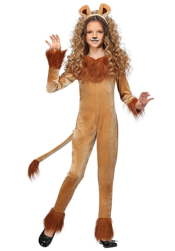 Girl'S Fierce Lion Costume With Headband - Kid'S Safari Animal Lion Jumpsuit - Child Animal Halloween Costume L
