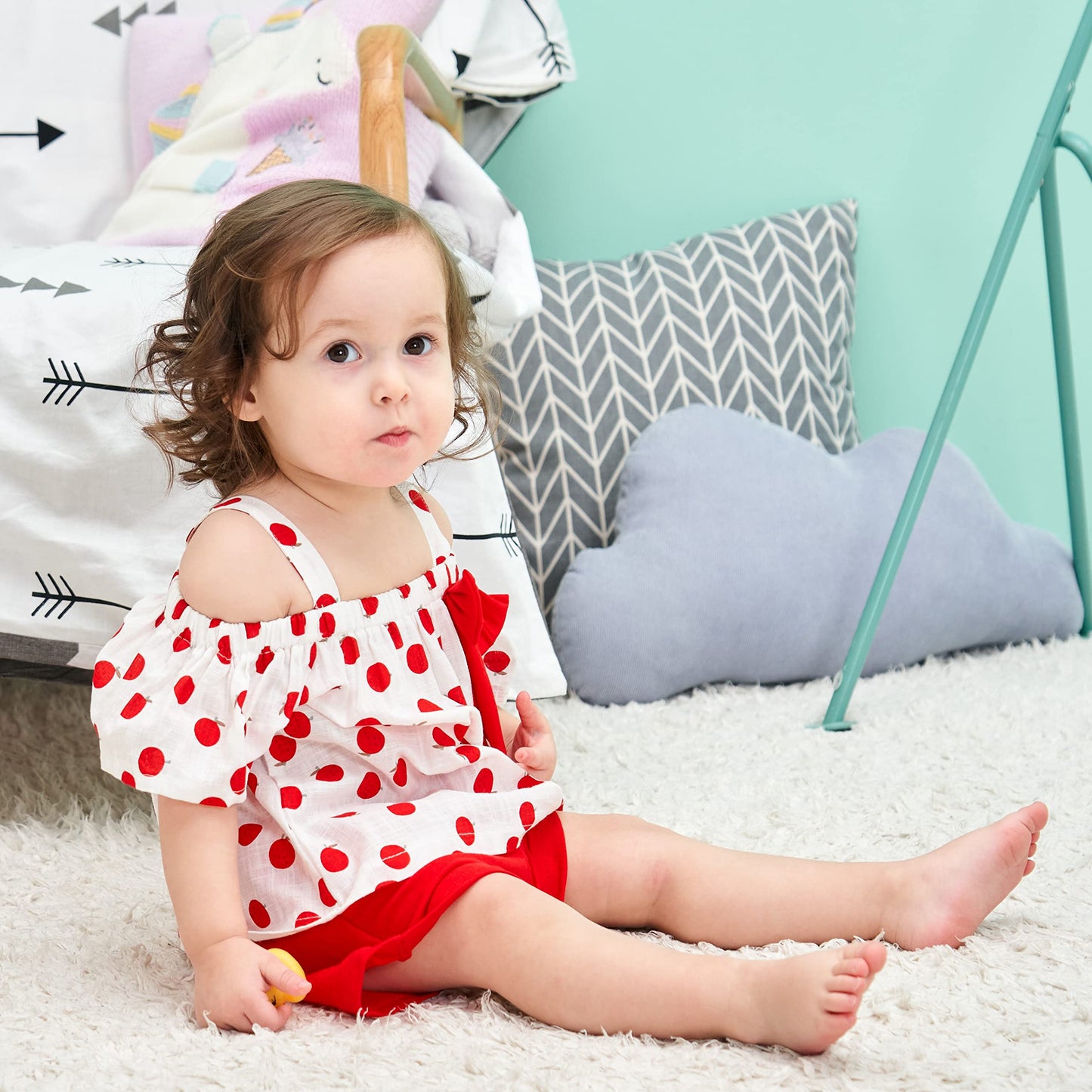 Hipea Toddler Cirl Clothes Summer Outfits Ruffle Camisole Fruit Tops And Casual Shorts 2-Piece Girls Clothes (Red-Apple, 2-3T)