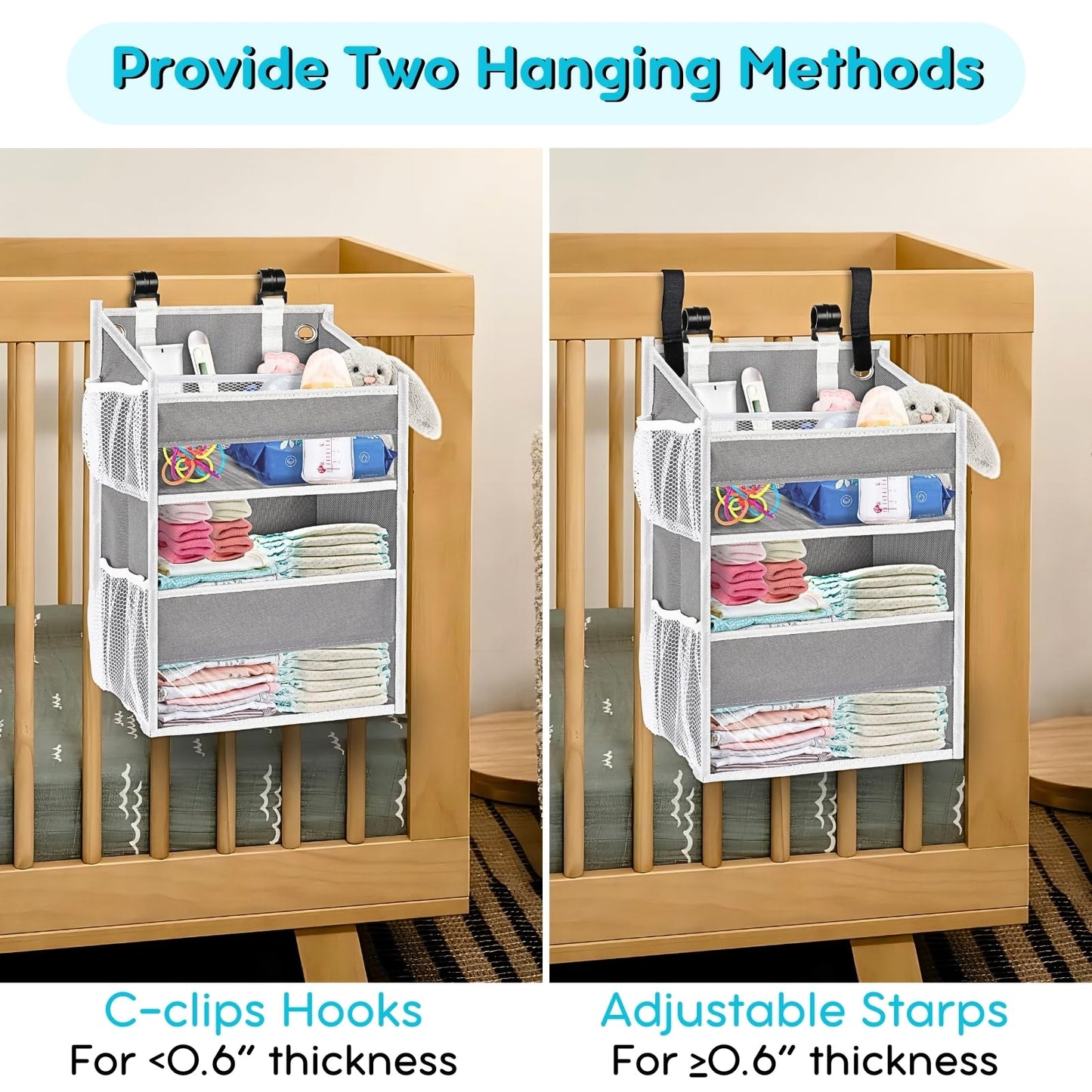 Hanging Diaper Organizer For Changing Table, Cribs, Car, Playard Or Wall & Nursery Organization - Durable 2-Tier Diaper Caddy Wi