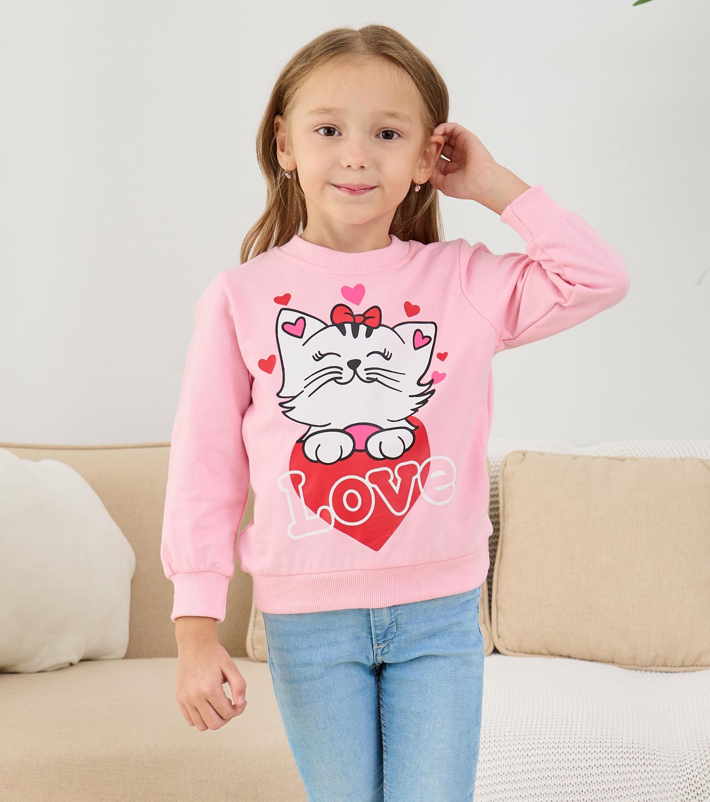 Akyzic Cat Sweatshirt For Girls Long Sleeve Crewneck Heart Print Shirt Toddler Valentines Day Outfit Love Tops Kids Heart Sweate