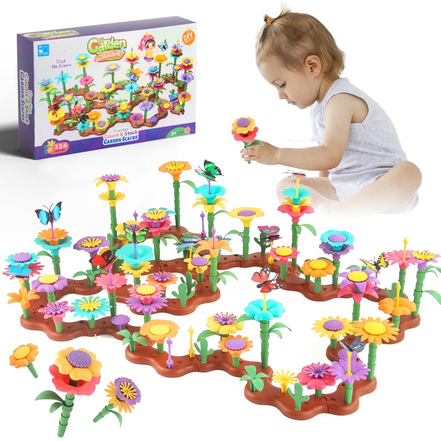 224PCS Childrens Flower Garden Building Toy Set, Theme: Garden Design Game, Suitable for Girls Aged 3-8, STEM Preschool Childre