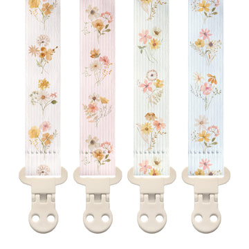 Stadela Baby Fabric Pacifier Clip Holder, Plastic Clip, 4-Pack, Wildflowers Pattern, Charlotte Set