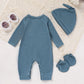 Newborn Baby Boy Romper Waffle Coming Home Outfits Mama'S Boy Letter Jumpsuit+Hat+Gloves 3Pcs Clothes Set (Dove Blue, 3-6M)