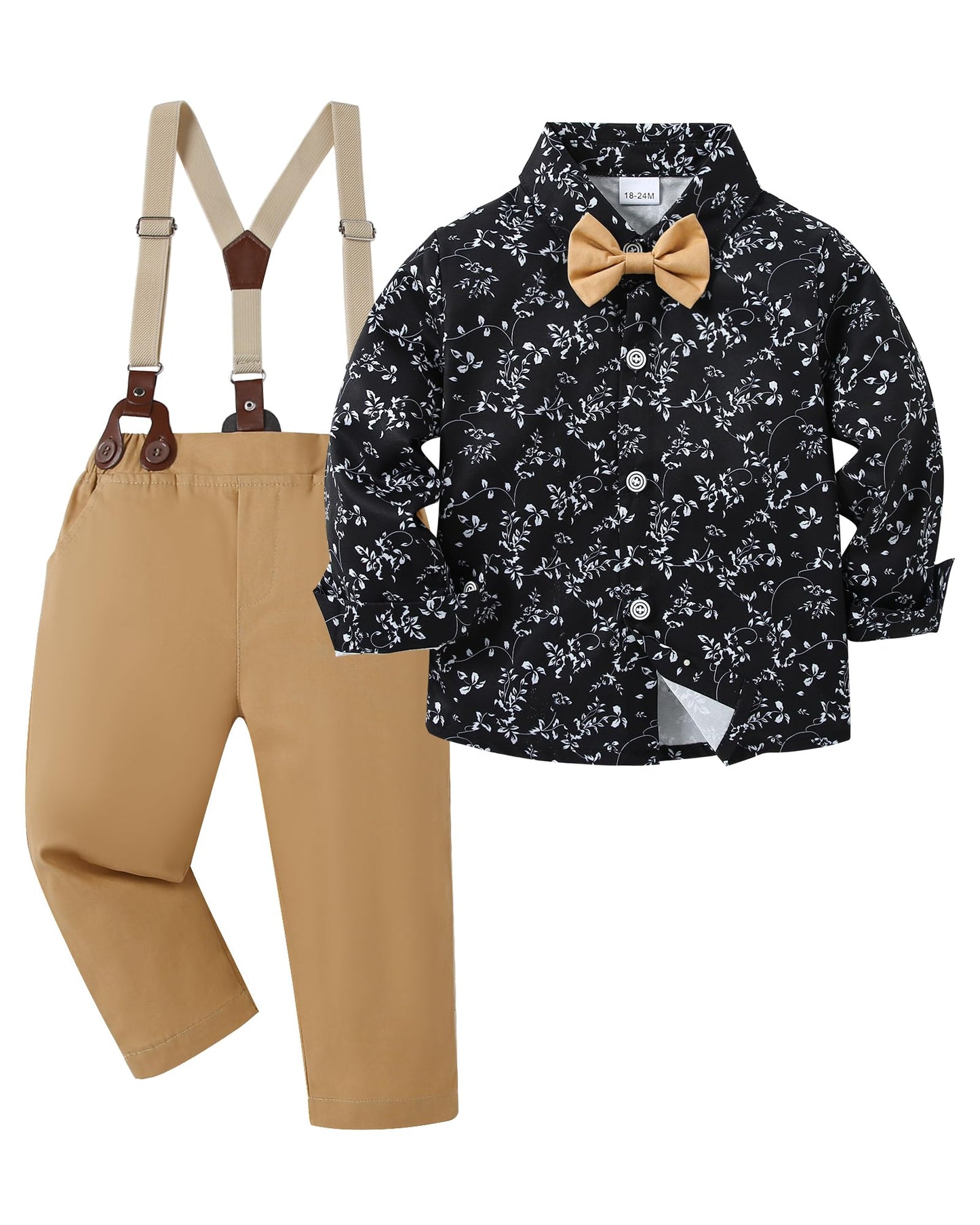 Disaur Toddler Boy Suits Gentleman Wedding Outfits,Formal Dress Shirt+Bowtie +Suspender Pants 12Months-5T(Khaki,18-24M)