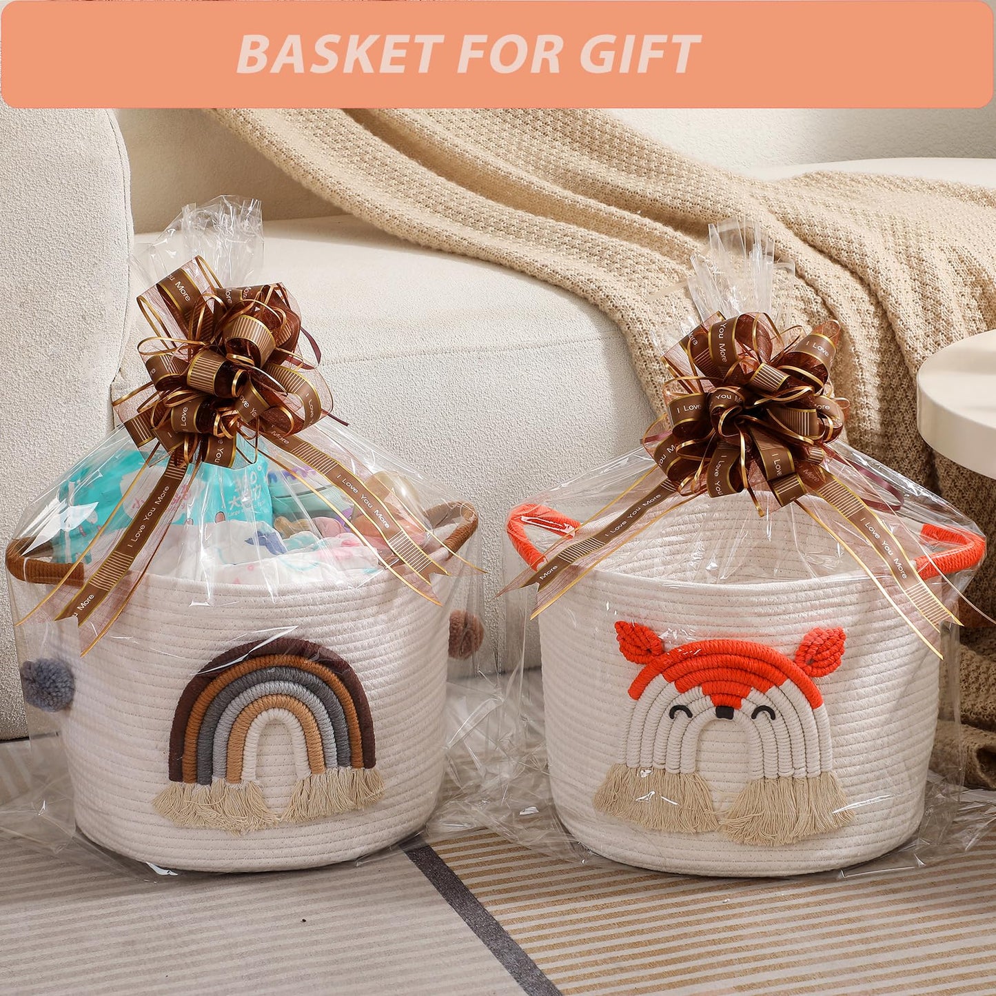 Toy Storage Baskets For Kids Cotton Rope Basket With 3D Fox Decor, Blanket Basket For Living Room Stuffed Animal Storage Basket