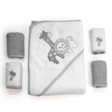 Spasilk Baby Cotton Terry Hooded Towel & Washcloth Bath Shower Set For Newborns And Infants, Gray Lion