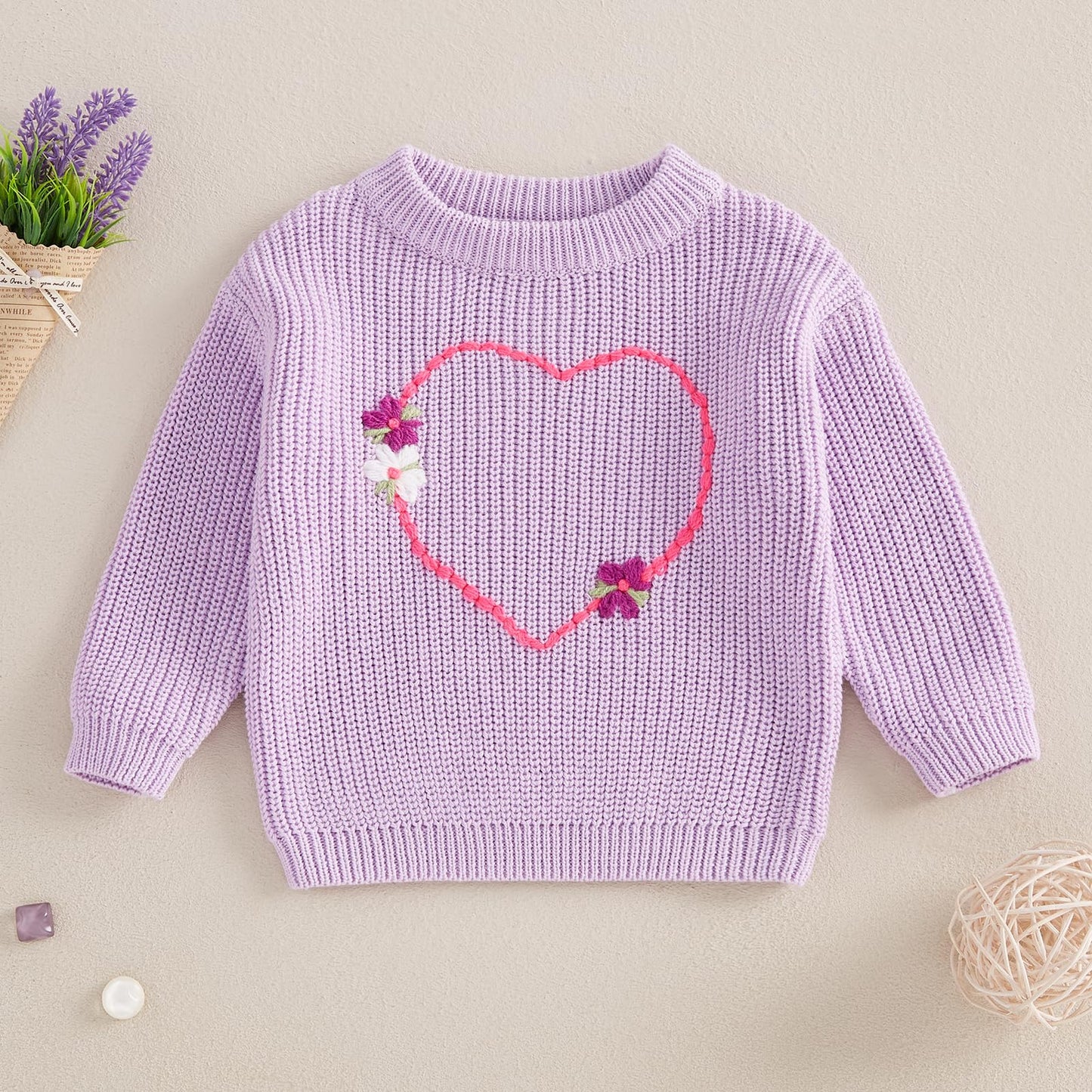 Baby Girl Cute Long Sleeve Heart Flowers Embroidery Oversized Sweater Toddler Valentine Outfit (Purple, 18-24 Months)