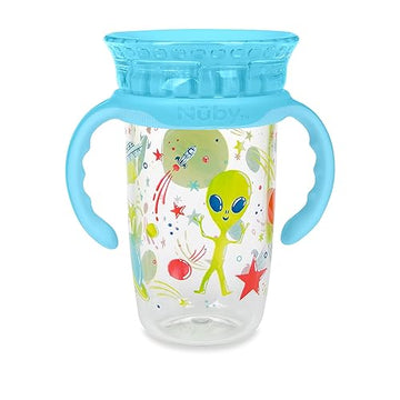 Nuby 360 Edge 2 Stage Drinking Rim Cup With Removable Handles & Hygienic Cover: 10 Oz/ 300 Ml 12M+ Space Aqua 80809