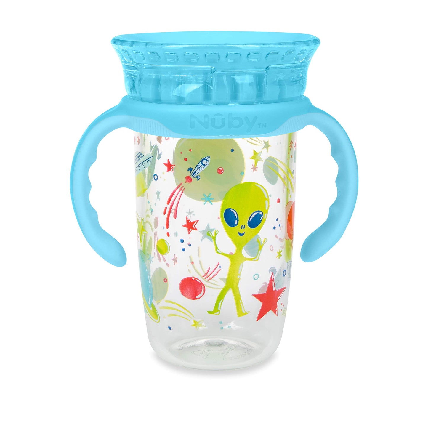 Nuby 360 Edge 2 Stage Drinking Rim Cup With Removable Handles & Hygienic Cover: 10 Oz/ 300 Ml 12M+ Space Aqua 80809