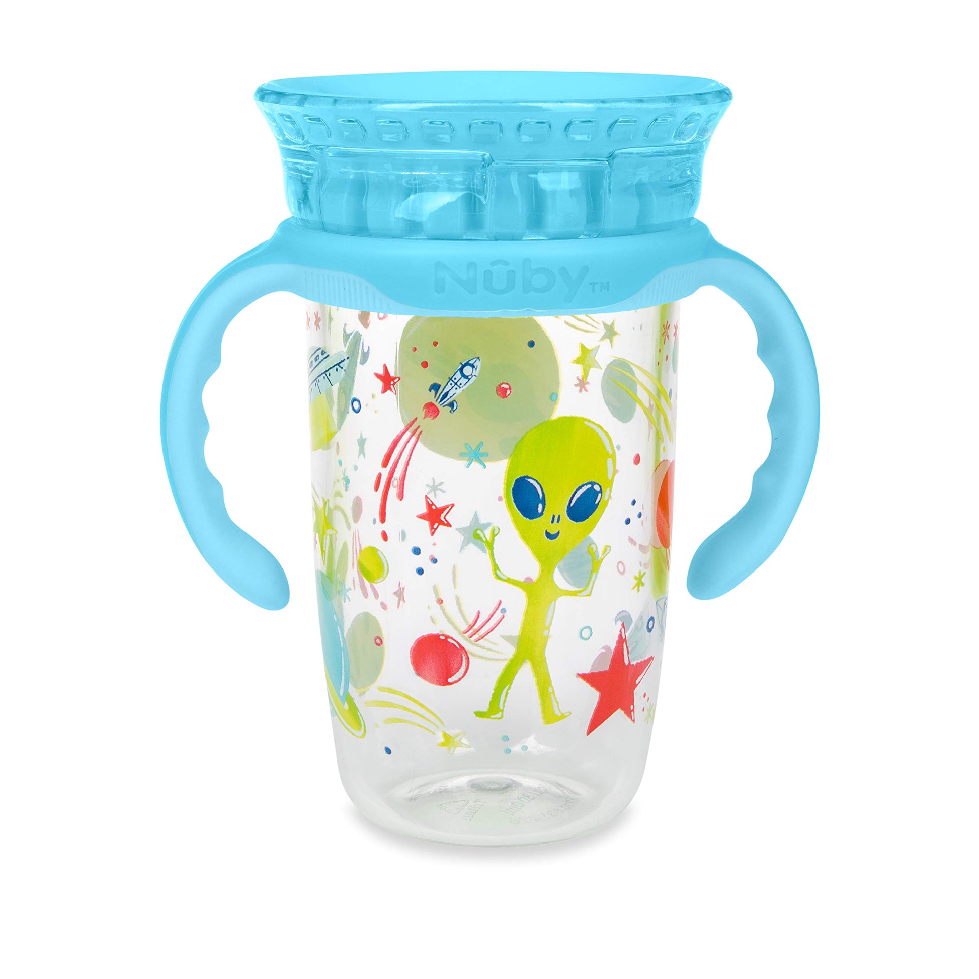 Nuby 360 Edge 2 Stage Drinking Rim Cup With Removable Handles & Hygienic Cover: 10 Oz/ 300 Ml 12M+ Space Aqua 80809