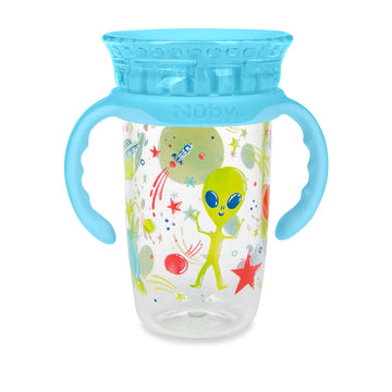 Nuby 360 Edge 2 Stage Drinking Rim Cup With Removable Handles & Hygienic Cover: 10 Oz/ 300 Ml 12M+ Space Aqua 80809