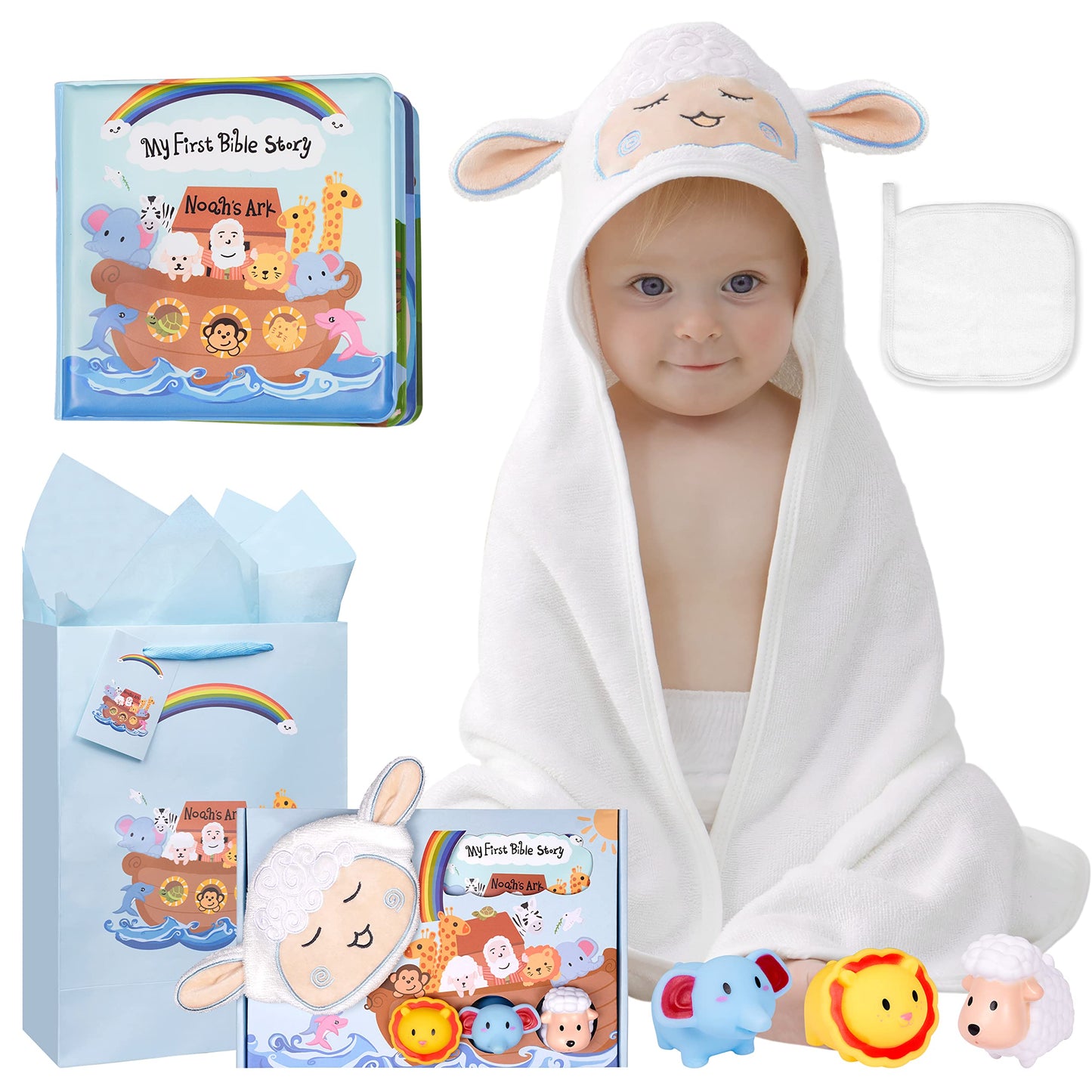 My First Noahs Ark 7 pcs Baptism Gift Set, Dedication, Christening and Baptism Gifts for Boys and Newborn Baby, Includes Washclo