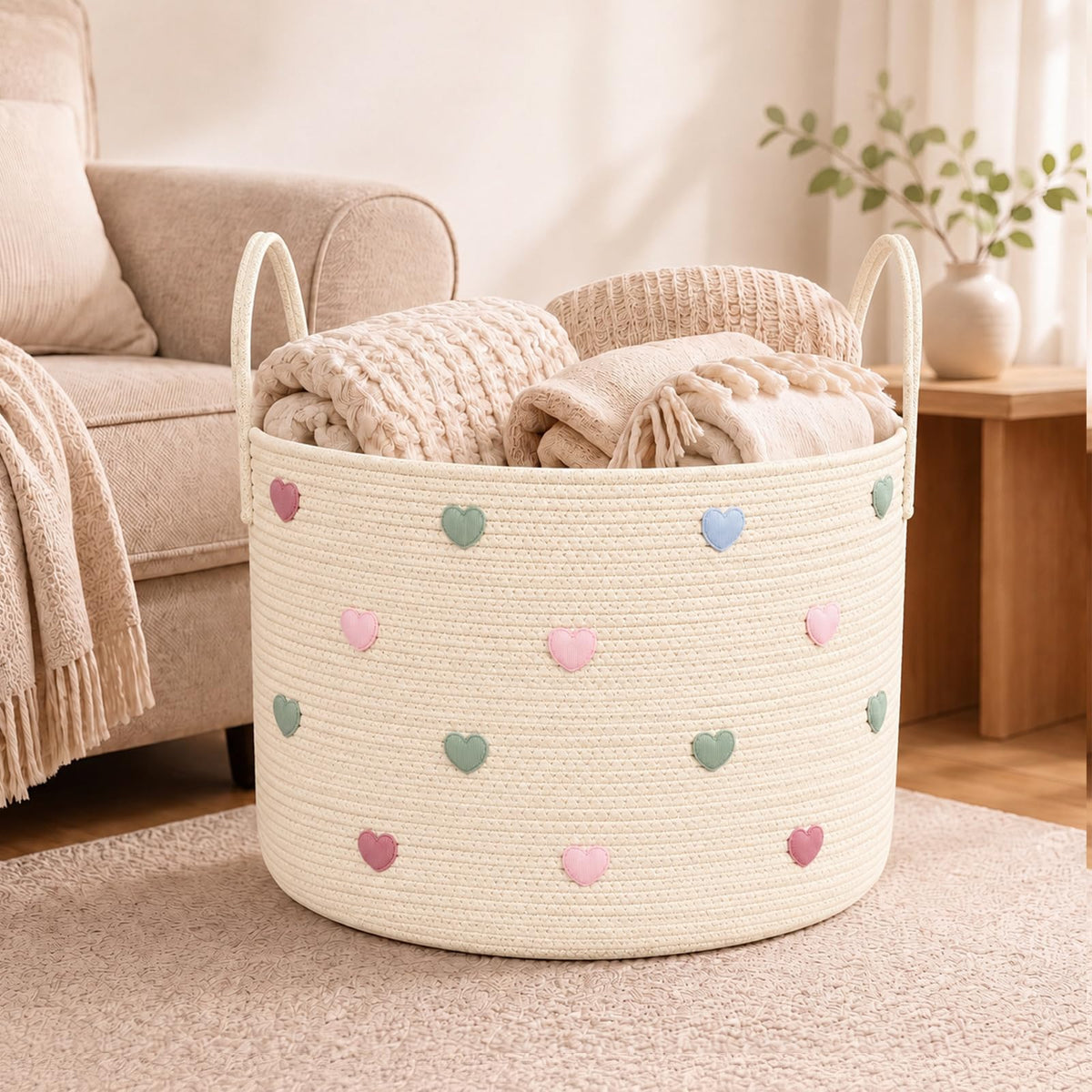 LemonRoad Cream Heart Laundry Hamper Large Cotton Rope Storage Basket