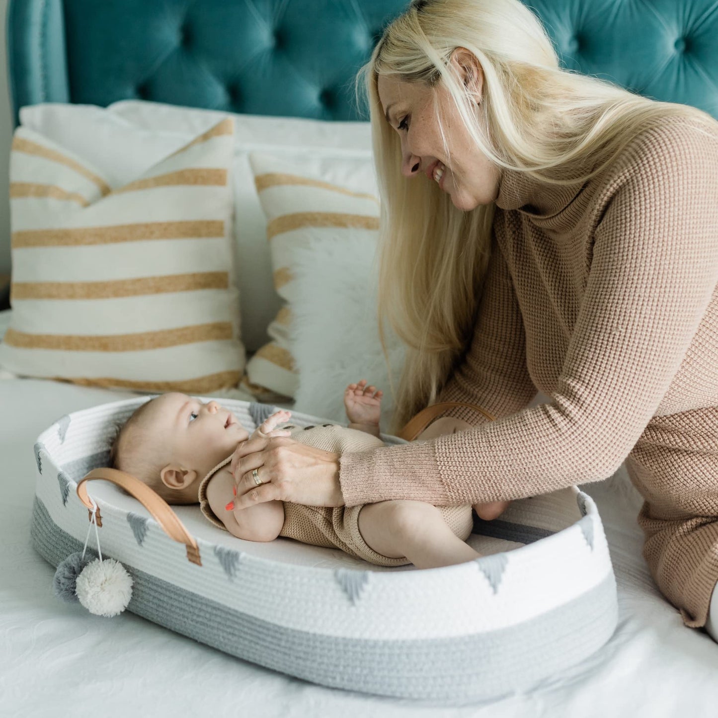 Vesta Baby Woven Cotton Rope Moses Changing Basket Set - Nursery Dresser Table Topper With Soft Foam Pad & 2 Natural Bamboo Wate