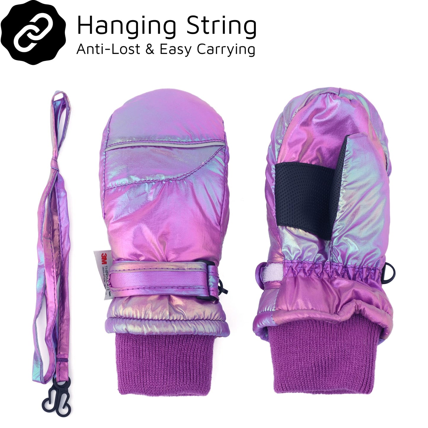 F Flammi Toddler Kids Snow Mittens With String Waterproof Ski Mittens Thinsulate Winter Gloves For Baby Girls Boys(Blink Purple,