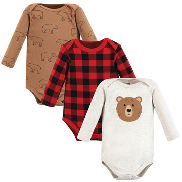 Hudson Baby Unisex Baby Cotton Long-Sleeve Bodysuits, Brown Bear 3-Pack, Newborn