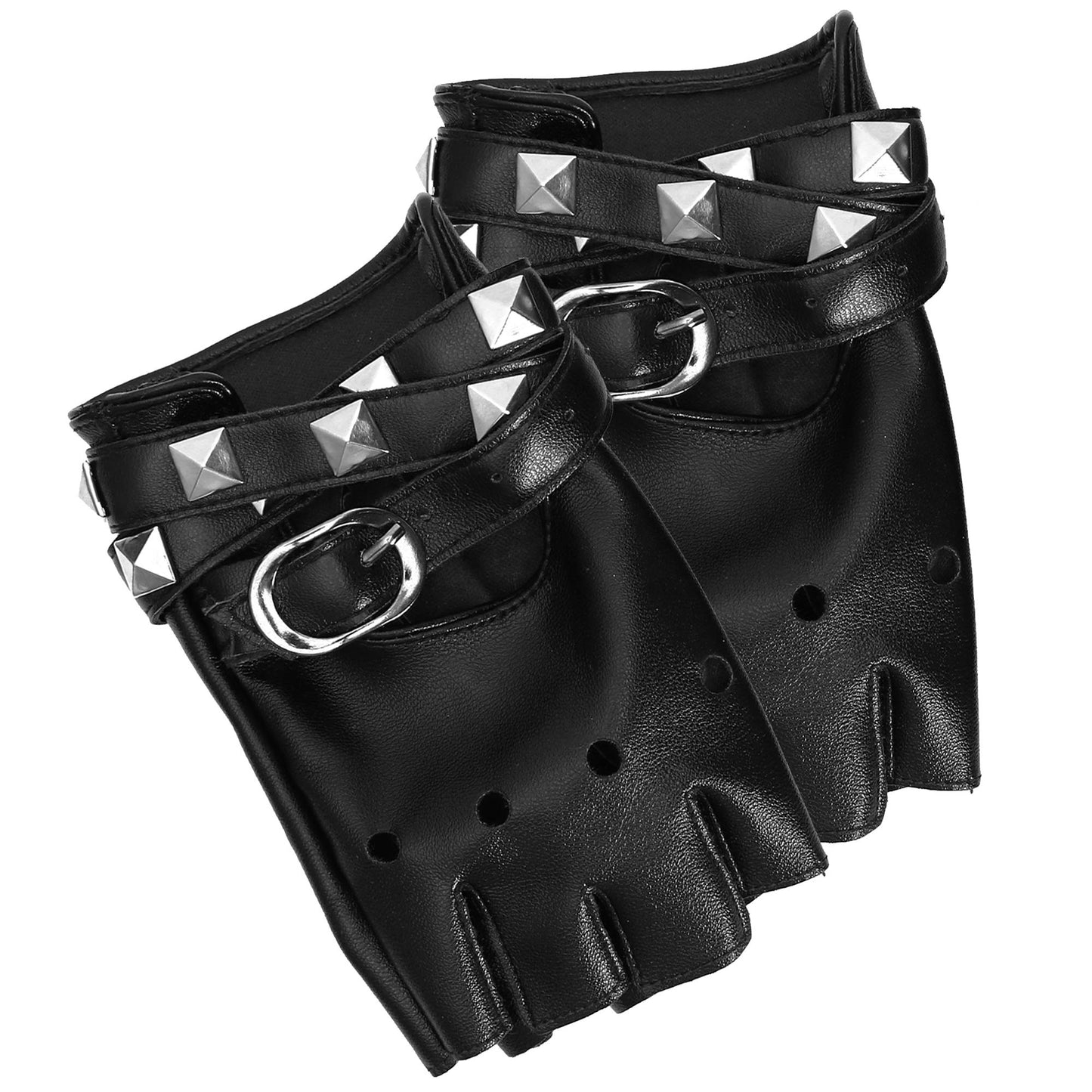 Skeleteen Fingerless Faux Leather Gloves - Black Biker Punk Gloves With Belt Up Closure And Rivet Design For Women And Kids