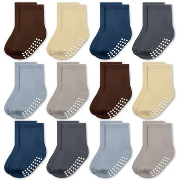 Jakidar 12 Pack Baby Socks Cotton Crew Toddler Socks Grips Non Slip Bottom Kids Socks, Brown Indigo Blue Haze Khaki Gray 6-12M
