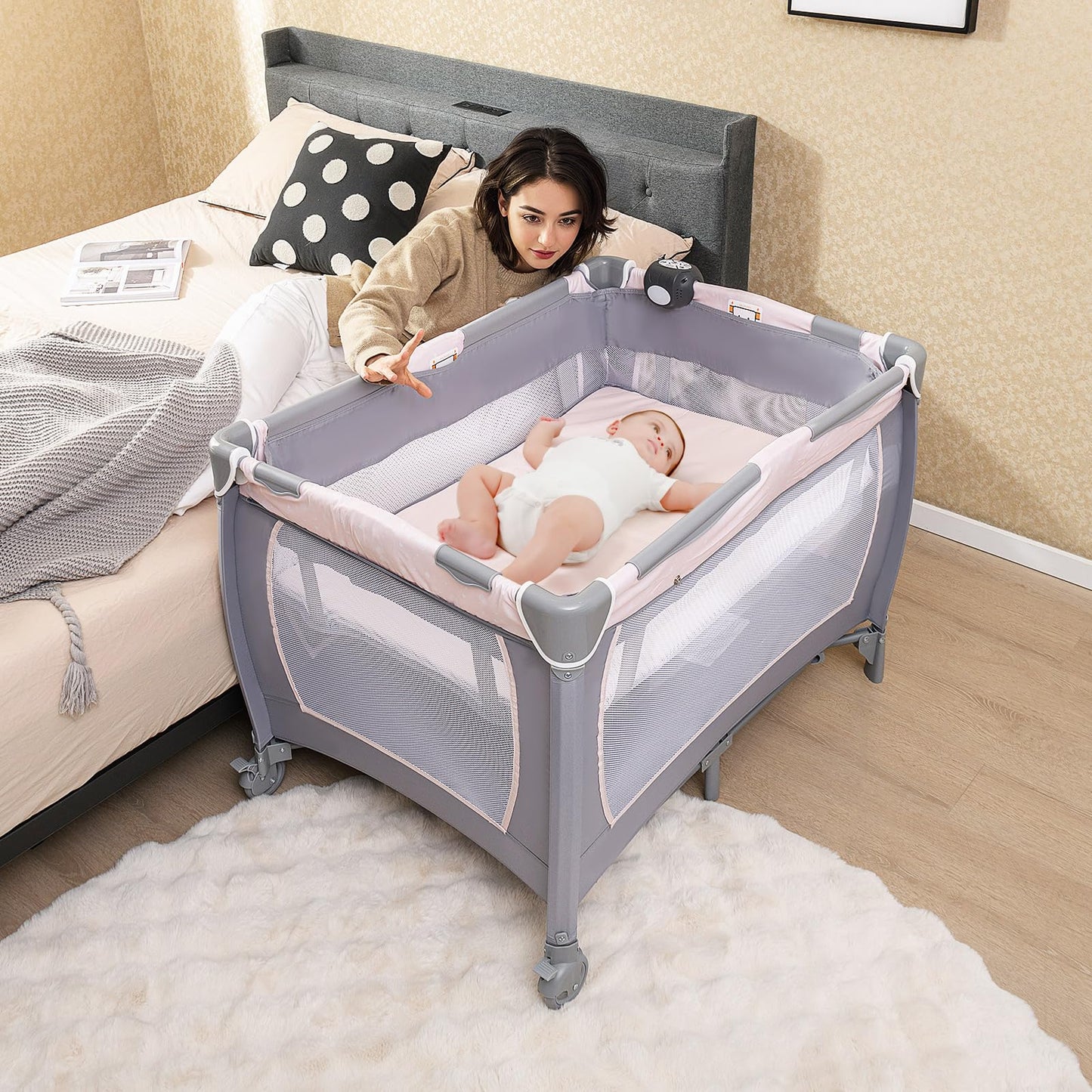 Honey Joy Pack And Play With Bassinet, Infant Nursery Center Pack And Play W/Newborn Cradle & Hanging Toys, Diaper Storage, Musi