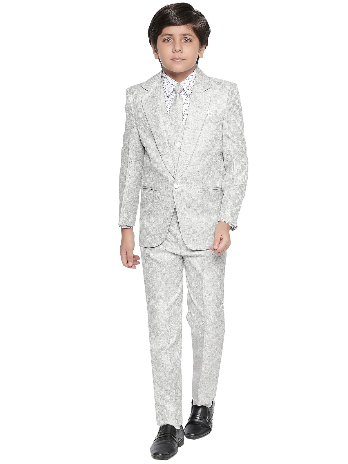 Jeetethnics Boys Silver Checked Coat Suit Set With Waistcoat Shirt And Trousers (9061Cq)
