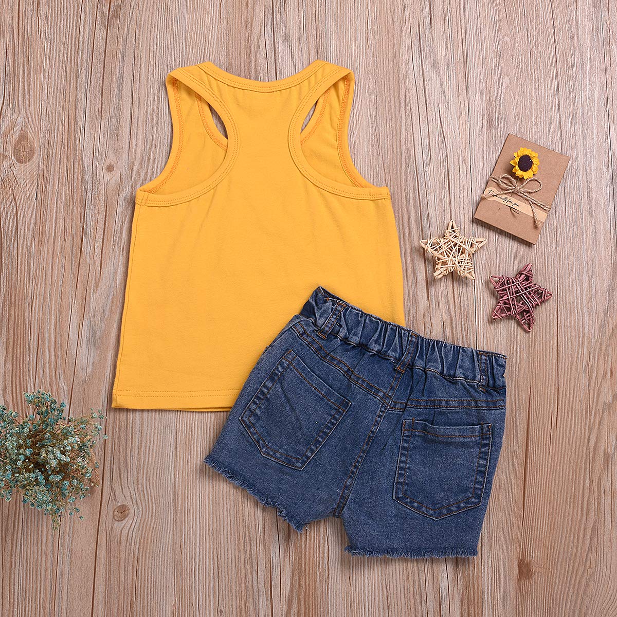 2Pcs/Set Toddler Kids Baby Girl Sleeveless Floral T-Shirt Top Sunflower Denim Jeans Shorts Outfits 1-8T (Yellow, 7-8 Years Old)