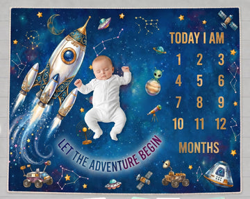 CLOTHINA Baby Monthly Milestone Photoshoot Blanket with Milestone Cards, Cotton, 115x95 cm, Animal Theme, 112 Months (Space)