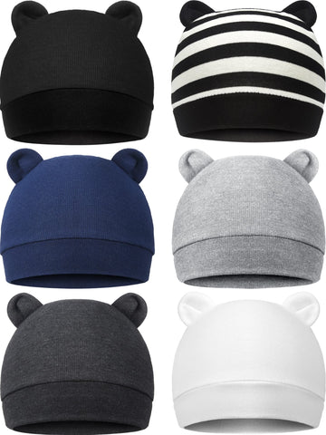 6 Pieces Newborn Baby Hat Bear Ears Infant Caps Baby Boy Girl Toddler Hats Infant Beanie Caps For 0-3 Months (Black White, Black