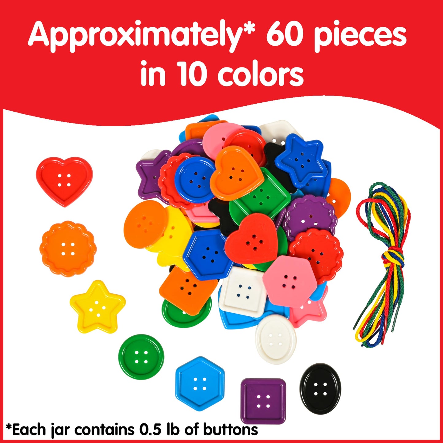 Edx Education - 13832 Large Buttons - Mini Jar - Lacing Activity - Sensory and Fine Motor Skill Development - Math Manipulative