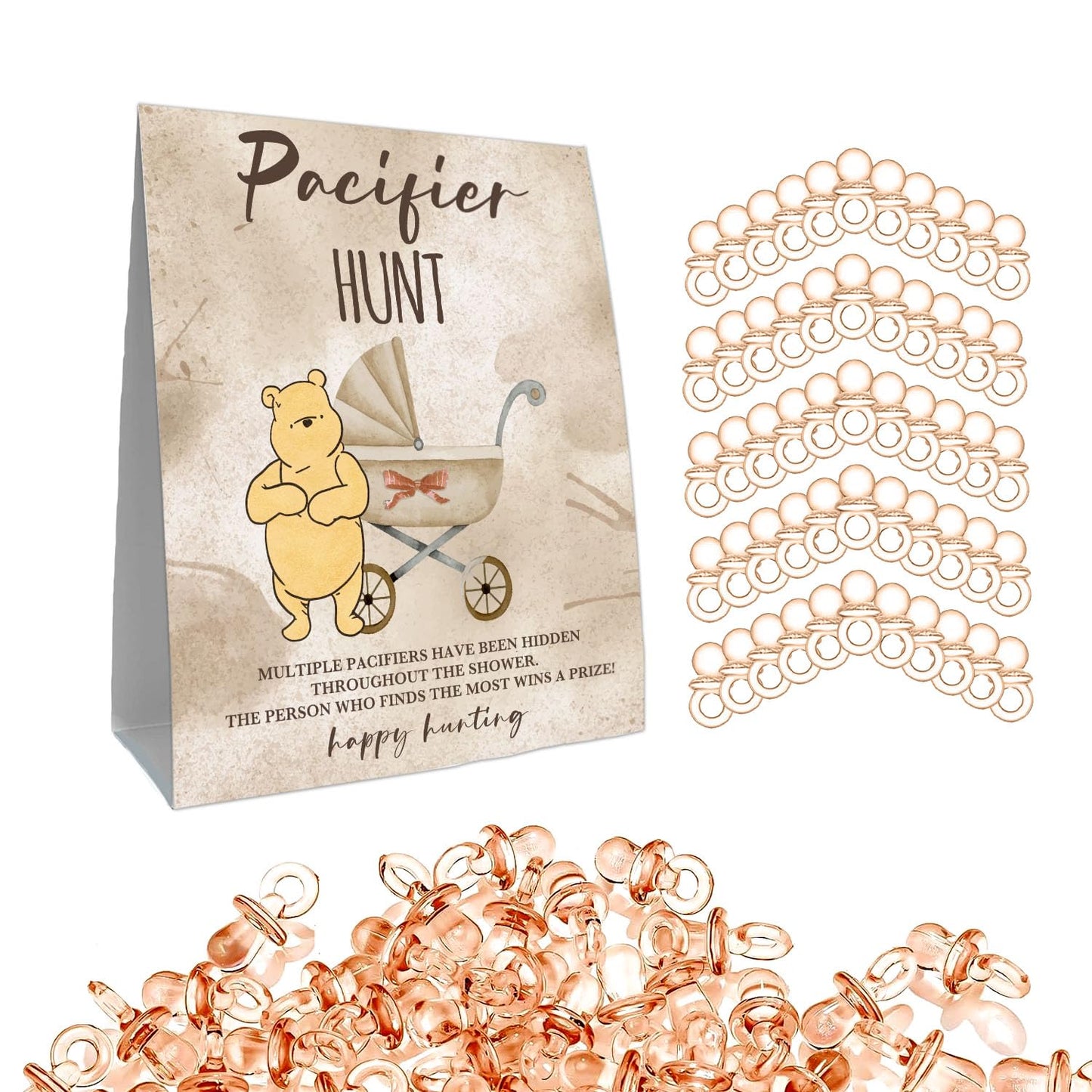 Guawubiang Winnie Pacifiers Hunt Sign For Baby Shower Game, Winnie Pacifiers Games Set, Include 1 Baby Pacifier Hunt Sign And 50