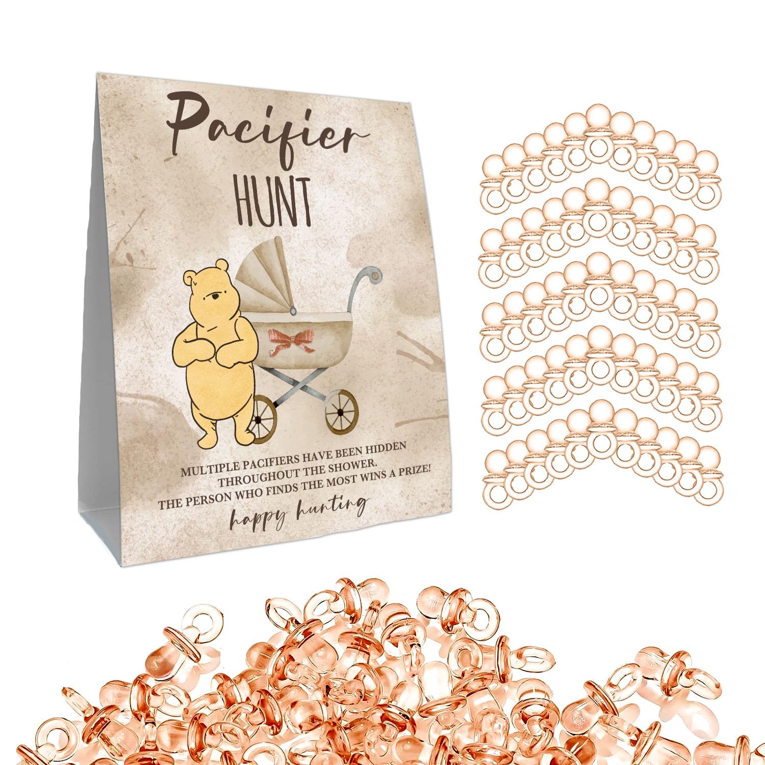 Guawubiang Winnie Pacifiers Hunt Sign For Baby Shower Game, Winnie Pacifiers Games Set, Include 1 Baby Pacifier Hunt Sign And 50