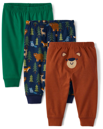 The Children'S Place,Baby Boys,And Newborn Jogger Bottoms,Animals/Bear Face/Green 3-Pack,6 Months,9 Months
