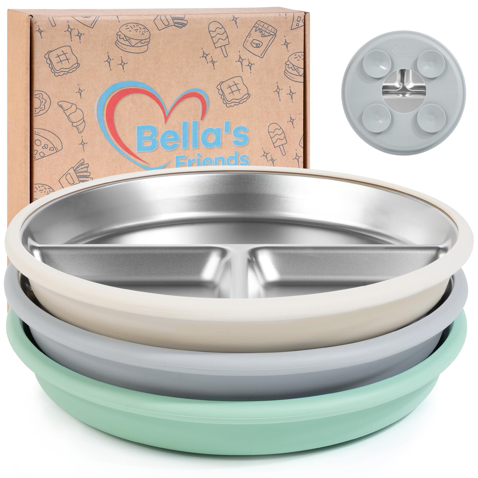 Bellas Friends Stainless Steel Baby Plates with Suction 3 Pack, 8    Divided Toddler Plates with Removable Silicone Sleeves for 