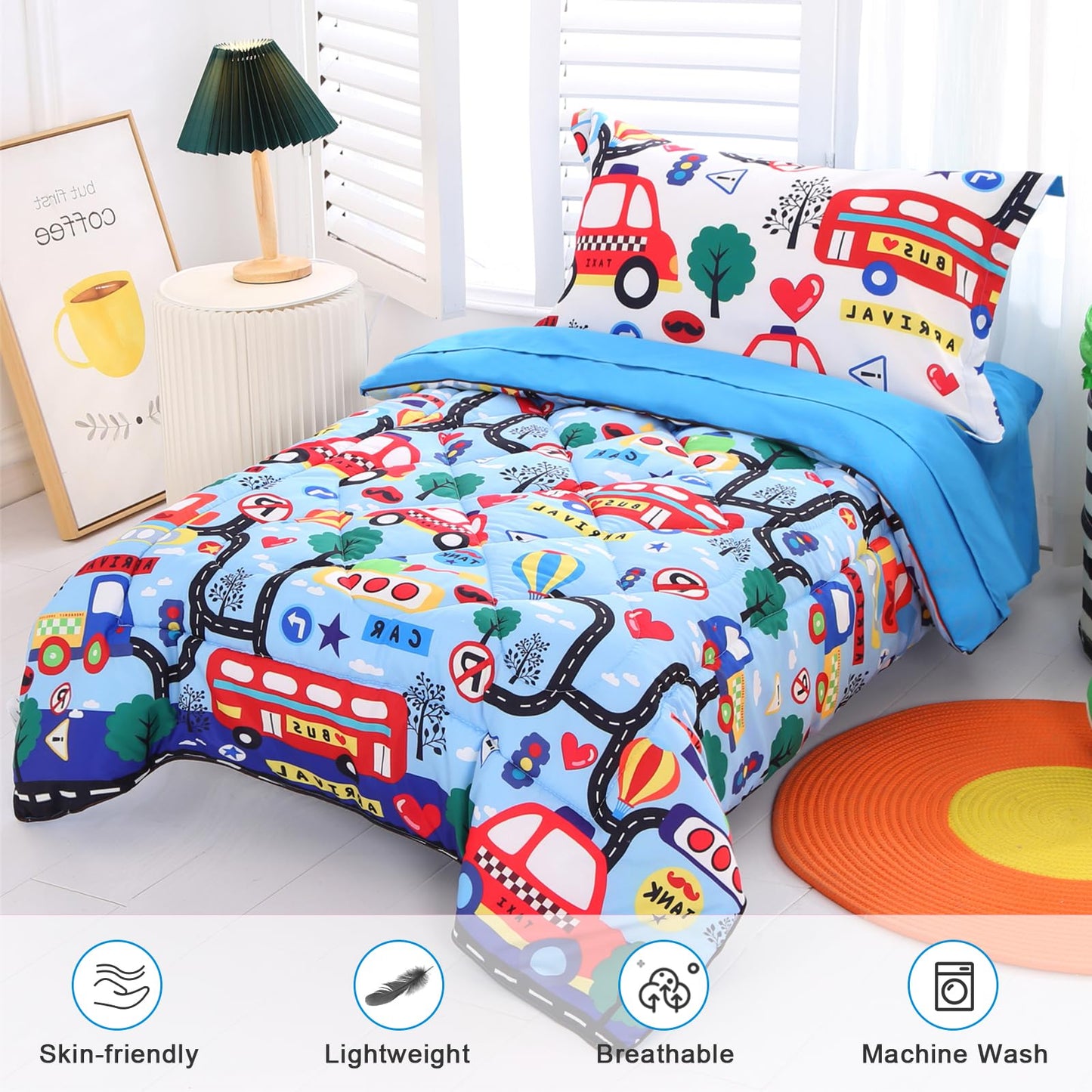 Wowelife Car Toddler Bedding Sets For Boys Blue, Premium 4 Piece Car Toddler Bed Sets For Boys, Super Soft And Comfortable For T